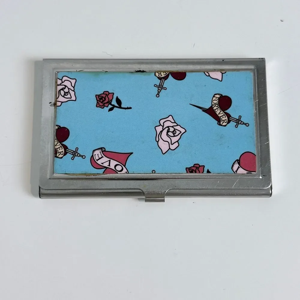 Silver Blue Tattoo Print Business Card Holder Y2K